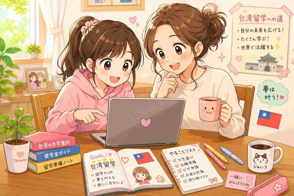 ダイニングテーブルで母娘が1台のパソコンを見ながら台湾留学について楽しそうに話し合っているイメージイラスト。