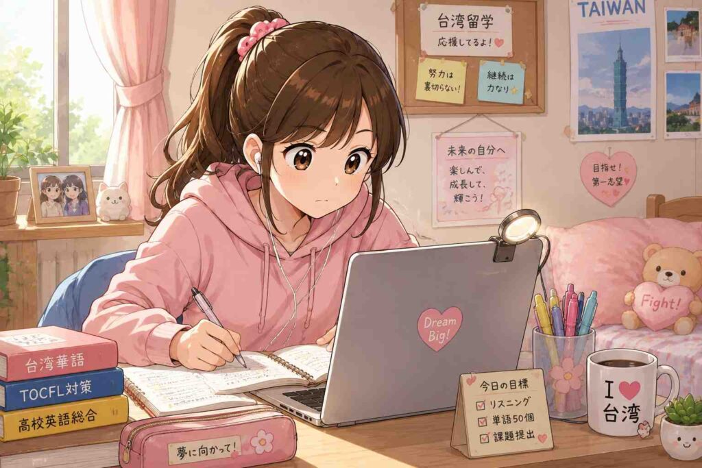 自室でパソコンを使いながらオンライン授業を受け、ノートを取り真剣に勉強する女子高生・花ちゃんのイメージイラスト。台湾留学に向けて中国語を学んでいる様子。