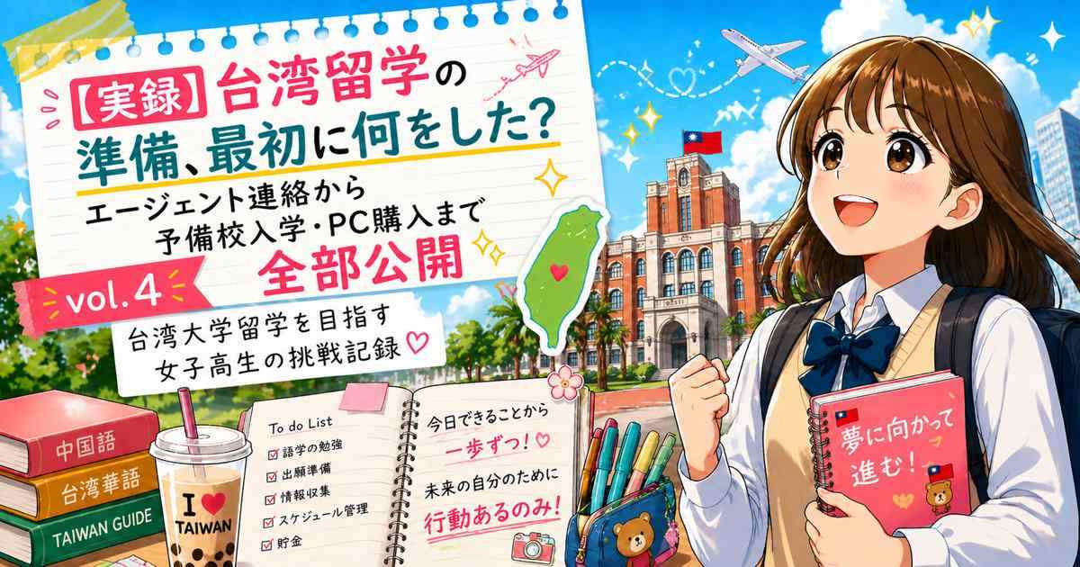 台湾留学に向けて準備を始めた女子高生がエージェント連絡や予備校入学、PC購入などを進める様子のアイキャッチ画像