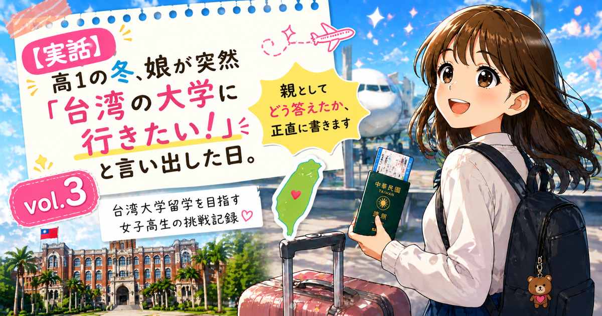 高1の冬に台湾の大学へ行きたいと言い出した女子高生と、それに向き合う親の様子を表したアイキャッチ画像