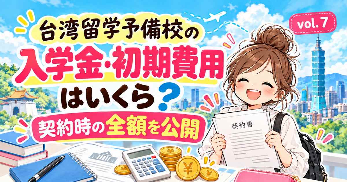 台湾留学予備校の入学金・初期費用と契約時の支払総額を紹介するアイキャッチ画像。契約書を持つ女の子と電卓のイラスト。