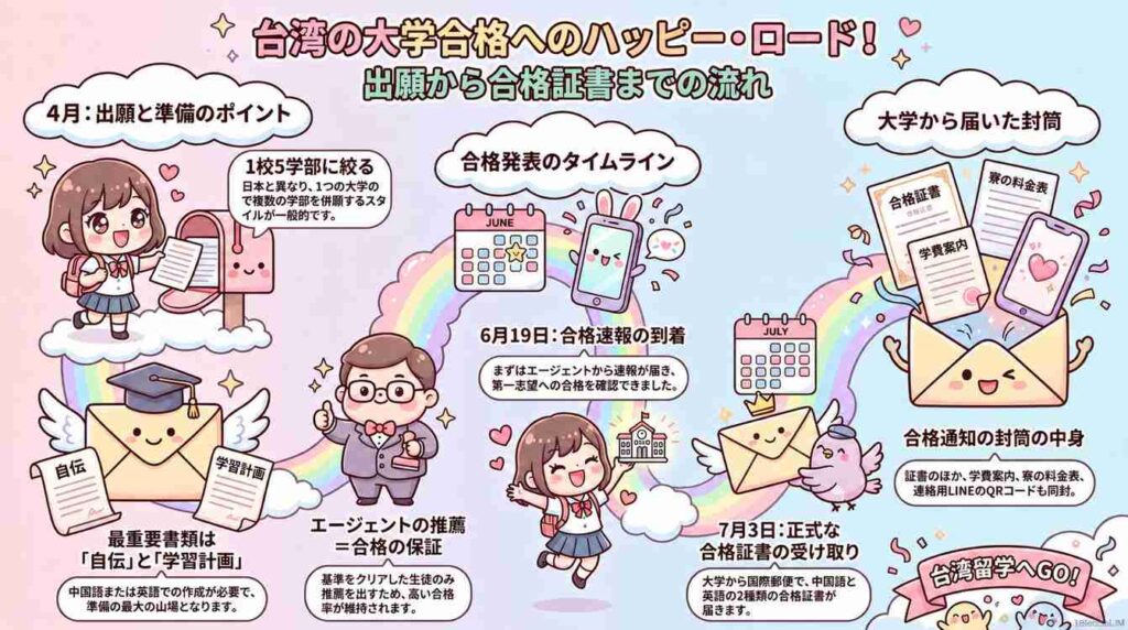台湾大学の合格発表の流れを図解。エージェント推薦から出願、書類審査、合格発表、大学から届く合格通知・合格証書までのスケジュールをイラストでわかりやすく解説。