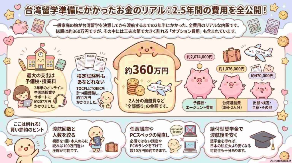 台湾留学の準備費用約360万円の内訳を図解でまとめたインフォグラフィック。予備校・エージェント費用、渡航費、検定試験、節約ポイント、奨学金について紹介。