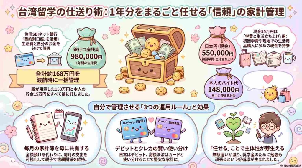 台湾留学の1年間の仕送りや生活費の管理方法を図解で紹介。銀行口座の使い分けや55万円の現金、家計管理ルールをまとめたインフォグラフィック。